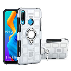 Funda Bumper Silicona y Plastico Mate Carcasa con Magnetico Anillo de dedo Soporte A01 para Huawei P30 Lite New Edition Plata