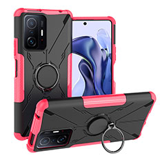 Funda Bumper Silicona y Plastico Mate Carcasa con Magnetico Anillo de dedo Soporte JX1 para Xiaomi Mi 11T 5G Rosa Roja