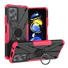 Funda Bumper Silicona y Plastico Mate Carcasa con Magnetico Anillo de dedo Soporte JX2 para Xiaomi Redmi Note 11T Pro+ Plus 5G Rosa Roja
