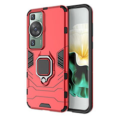 Funda Bumper Silicona y Plastico Mate Carcasa con Magnetico Anillo de dedo Soporte KC1 para Huawei P60 Rojo