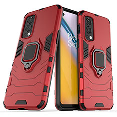 Funda Bumper Silicona y Plastico Mate Carcasa con Magnetico Anillo de dedo Soporte KC1 para OnePlus Nord 2 5G Rojo