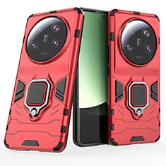 Funda Bumper Silicona y Plastico Mate Carcasa con Magnetico Anillo de dedo Soporte KC1 para Xiaomi Mi 13 Ultra 5G Rojo