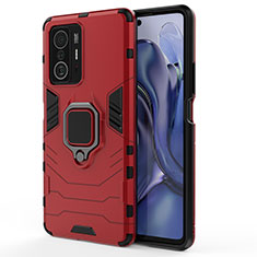 Funda Bumper Silicona y Plastico Mate Carcasa con Magnetico Anillo de dedo Soporte KC2 para Xiaomi Mi 11T 5G Rojo