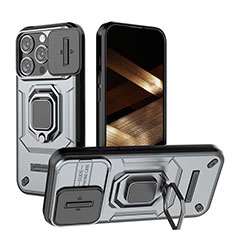 Funda Bumper Silicona y Plastico Mate Carcasa con Magnetico Anillo de dedo Soporte KC3 para Apple iPhone 13 Pro Max Gris