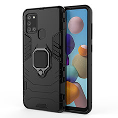 Funda Bumper Silicona y Plastico Mate Carcasa con Magnetico Anillo de dedo Soporte KC3 para Samsung Galaxy A21s Negro