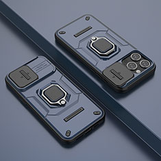 Funda Bumper Silicona y Plastico Mate Carcasa con Magnetico Anillo de dedo Soporte KC4 para Apple iPhone 13 Pro Azul