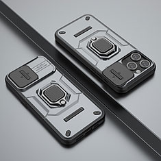 Funda Bumper Silicona y Plastico Mate Carcasa con Magnetico Anillo de dedo Soporte KC4 para Apple iPhone 14 Pro Max Gris