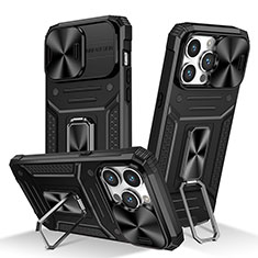 Funda Bumper Silicona y Plastico Mate Carcasa con Magnetico Anillo de dedo Soporte KC7 para Apple iPhone 13 Pro Max Negro