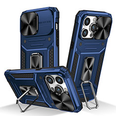 Funda Bumper Silicona y Plastico Mate Carcasa con Magnetico Anillo de dedo Soporte KC7 para Apple iPhone 14 Pro Max Azul