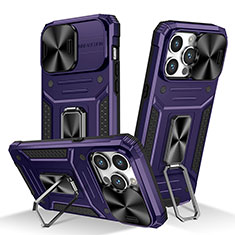 Funda Bumper Silicona y Plastico Mate Carcasa con Magnetico Anillo de dedo Soporte KC7 para Apple iPhone 15 Pro Max Morado