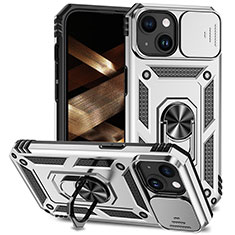 Funda Bumper Silicona y Plastico Mate Carcasa con Magnetico Anillo de dedo Soporte MQ1 para Apple iPhone 14 Plus Plata