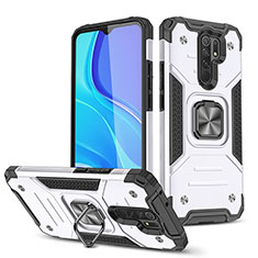 Funda Bumper Silicona y Plastico Mate Carcasa con Magnetico Anillo de dedo Soporte MQ1 para Xiaomi Redmi 9 Prime India Plata