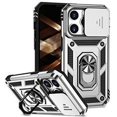 Funda Bumper Silicona y Plastico Mate Carcasa con Magnetico Anillo de dedo Soporte MQ2 para Apple iPhone 14 Pro Plata