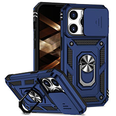 Funda Bumper Silicona y Plastico Mate Carcasa con Magnetico Anillo de dedo Soporte MQ2 para Apple iPhone 15 Pro Azul