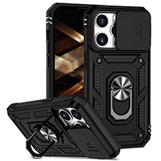 Funda Bumper Silicona y Plastico Mate Carcasa con Magnetico Anillo de dedo Soporte MQ2 para Apple iPhone 15 Pro Negro