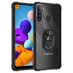 Funda Bumper Silicona y Plastico Mate Carcasa con Magnetico Anillo de dedo Soporte MQ2 para Samsung Galaxy A21 Negro