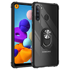 Funda Bumper Silicona y Plastico Mate Carcasa con Magnetico Anillo de dedo Soporte MQ2 para Samsung Galaxy A21 Plata y Negro