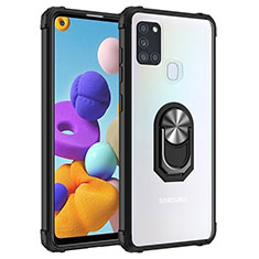 Funda Bumper Silicona y Plastico Mate Carcasa con Magnetico Anillo de dedo Soporte MQ2 para Samsung Galaxy A21s Plata y Negro