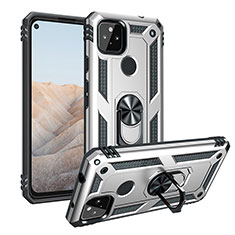 Funda Bumper Silicona y Plastico Mate Carcasa con Magnetico Anillo de dedo Soporte MQ3 para Google Pixel 5a 5G Plata