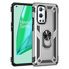 Funda Bumper Silicona y Plastico Mate Carcasa con Magnetico Anillo de dedo Soporte MQ3 para OnePlus 9 Pro 5G Plata