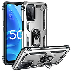 Funda Bumper Silicona y Plastico Mate Carcasa con Magnetico Anillo de dedo Soporte MQ3 para Oppo A55 5G Plata