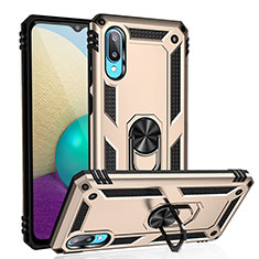 Funda Bumper Silicona y Plastico Mate Carcasa con Magnetico Anillo de dedo Soporte MQ3 para Samsung Galaxy A02 Oro