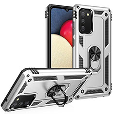 Funda Bumper Silicona y Plastico Mate Carcasa con Magnetico Anillo de dedo Soporte MQ3 para Samsung Galaxy A02s Plata