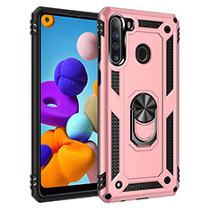 Funda Bumper Silicona y Plastico Mate Carcasa con Magnetico Anillo de dedo Soporte MQ3 para Samsung Galaxy A21 Oro Rosa