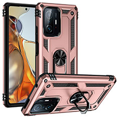 Funda Bumper Silicona y Plastico Mate Carcasa con Magnetico Anillo de dedo Soporte MQ3 para Xiaomi Mi 11T 5G Oro Rosa