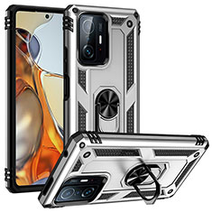 Funda Bumper Silicona y Plastico Mate Carcasa con Magnetico Anillo de dedo Soporte MQ3 para Xiaomi Mi 11T 5G Plata