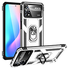 Funda Bumper Silicona y Plastico Mate Carcasa con Magnetico Anillo de dedo Soporte MQ3 para Xiaomi Poco X4 Pro 5G Plata