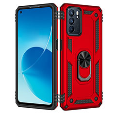 Funda Bumper Silicona y Plastico Mate Carcasa con Magnetico Anillo de dedo Soporte MQ4 para Oppo Reno6 5G Rojo