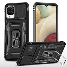 Funda Bumper Silicona y Plastico Mate Carcasa con Magnetico Anillo de dedo Soporte MQ4 para Samsung Galaxy F12 Negro