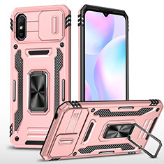 Funda Bumper Silicona y Plastico Mate Carcasa con Magnetico Anillo de dedo Soporte MQ4 para Xiaomi Redmi 9AT Oro Rosa