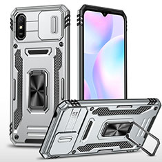 Funda Bumper Silicona y Plastico Mate Carcasa con Magnetico Anillo de dedo Soporte MQ4 para Xiaomi Redmi 9i Plata