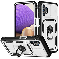 Funda Bumper Silicona y Plastico Mate Carcasa con Magnetico Anillo de dedo Soporte MQ5 para Samsung Galaxy M32 5G Plata