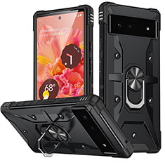 Funda Bumper Silicona y Plastico Mate Carcasa con Magnetico Anillo de dedo Soporte MQ6 para Google Pixel 6 5G Negro