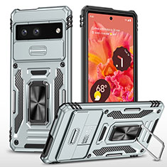 Funda Bumper Silicona y Plastico Mate Carcasa con Magnetico Anillo de dedo Soporte MQ6 para Google Pixel 7 5G Plata