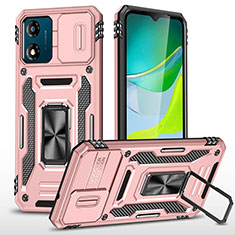 Funda Bumper Silicona y Plastico Mate Carcasa con Magnetico Anillo de dedo Soporte MQ6 para Motorola Moto E13 Oro Rosa