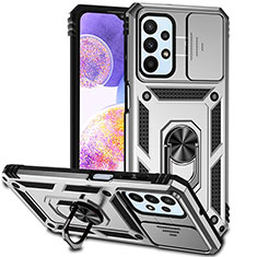 Funda Bumper Silicona y Plastico Mate Carcasa con Magnetico Anillo de dedo Soporte MQ6 para Samsung Galaxy A23 5G Plata