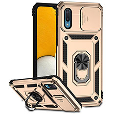 Funda Bumper Silicona y Plastico Mate Carcasa con Magnetico Anillo de dedo Soporte MQ6 para Samsung Galaxy M02 Oro