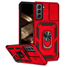 Funda Bumper Silicona y Plastico Mate Carcasa con Magnetico Anillo de dedo Soporte MQ6 para Samsung Galaxy S21 FE 5G Rojo