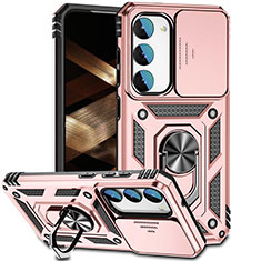 Funda Bumper Silicona y Plastico Mate Carcasa con Magnetico Anillo de dedo Soporte MQ6 para Samsung Galaxy S25 5G Oro Rosa