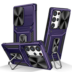 Funda Bumper Silicona y Plastico Mate Carcasa con Magnetico Anillo de dedo Soporte MQ7 para Samsung Galaxy S24 Ultra 5G Morado