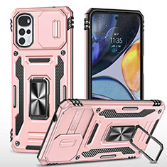 Funda Bumper Silicona y Plastico Mate Carcasa con Magnetico Anillo de dedo Soporte para Motorola Moto G22 Oro Rosa