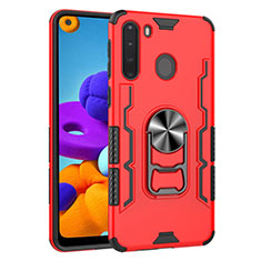 Funda Bumper Silicona y Plastico Mate Carcasa con Magnetico Anillo de dedo Soporte para Samsung Galaxy A21 Rojo