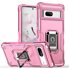 Funda Bumper Silicona y Plastico Mate Carcasa con Magnetico Anillo de dedo Soporte QW1 para Google Pixel 7 5G Rosa