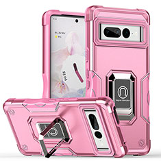 Funda Bumper Silicona y Plastico Mate Carcasa con Magnetico Anillo de dedo Soporte QW1 para Google Pixel 7 Pro 5G Rosa