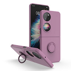 Funda Bumper Silicona y Plastico Mate Carcasa con Magnetico Anillo de dedo Soporte QW1 para Huawei P50 Pocket Morado