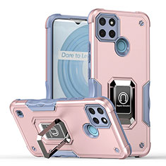 Funda Bumper Silicona y Plastico Mate Carcasa con Magnetico Anillo de dedo Soporte QW1 para Realme C25Y India Oro Rosa